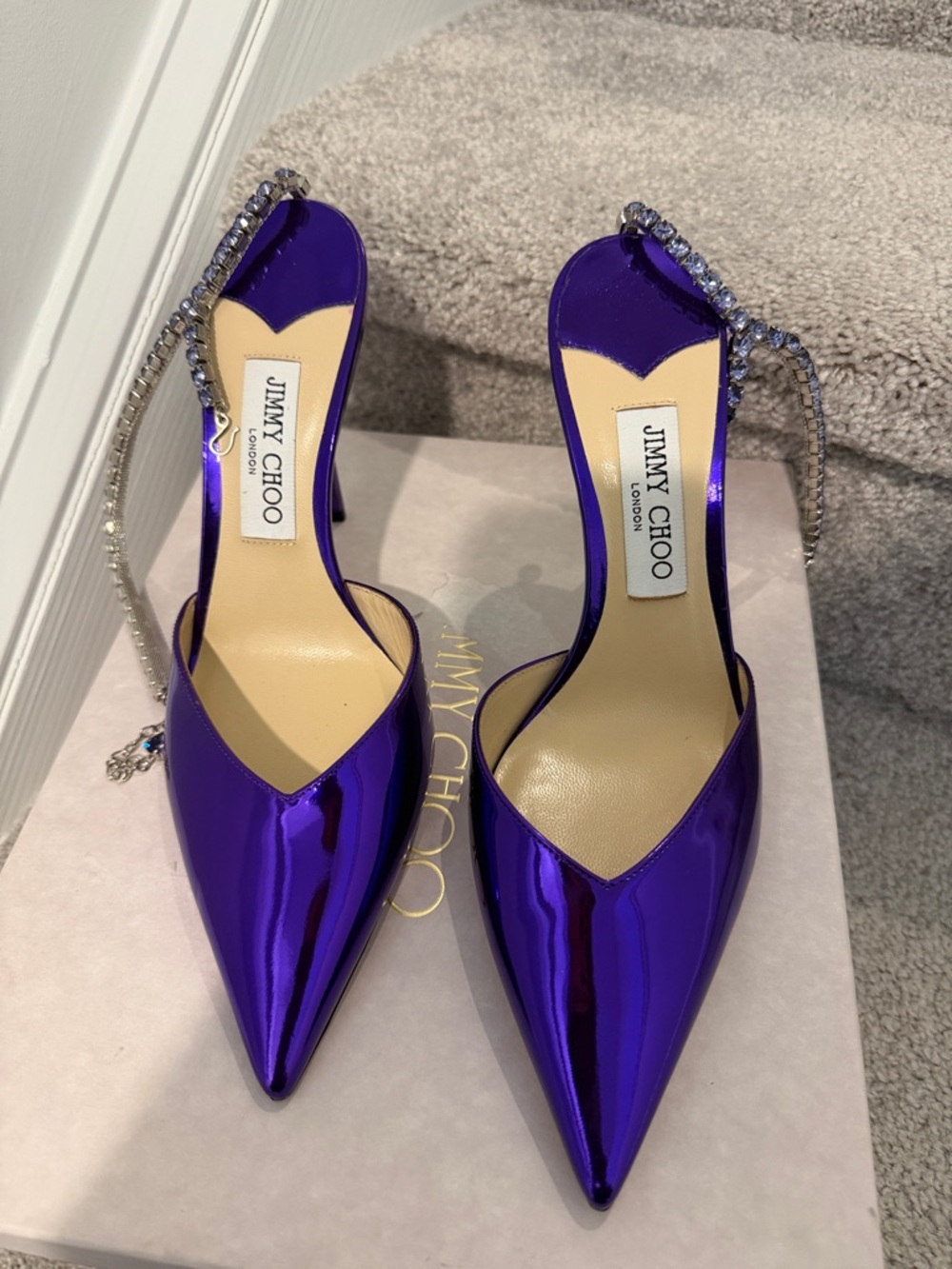 Jimmy Choo Metallic Purple Crystal T-Strap Pointed Slingback Heels - Picture 3 of 17